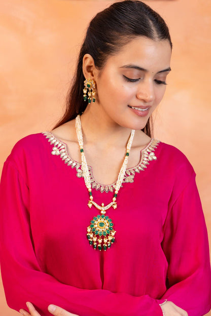 Green Kundan Pendant Necklace Set with Earrings, Polki Bridal Jewelry, Stone Jewelry, Ethnic Wedding Pendant Set