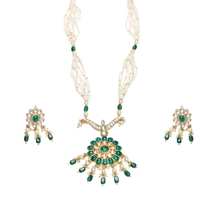 Green Kundan Pendant Necklace Set with Earrings, Polki Bridal Jewelry, Stone Jewelry, Ethnic Wedding Pendant Set
