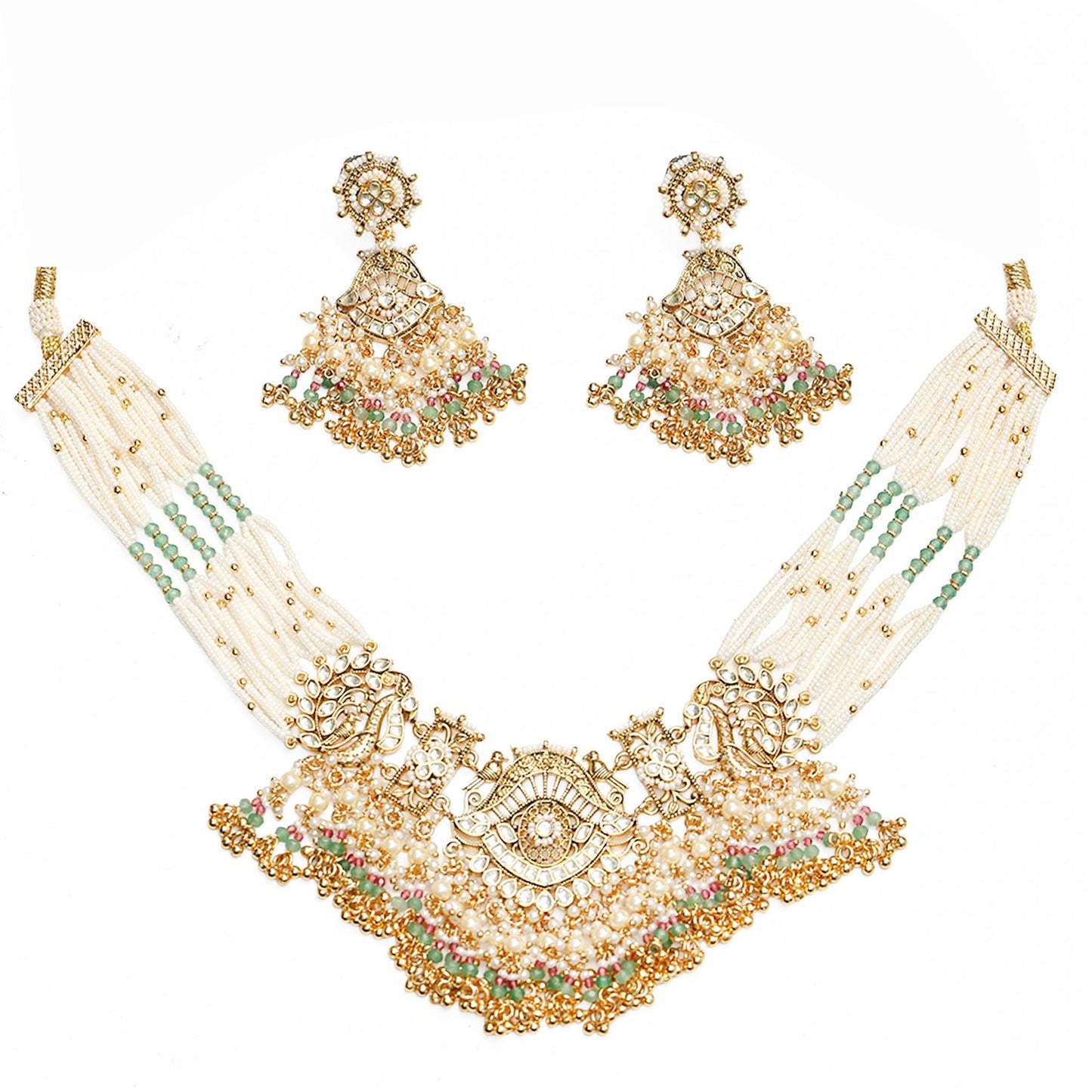 Bridal Choker Necklace Set with Jhumka Earrings, Pearl Multi Strand Indian Wedding Jewelry, Polki Gold Choker, Ethnic Bridal Jewelry Set