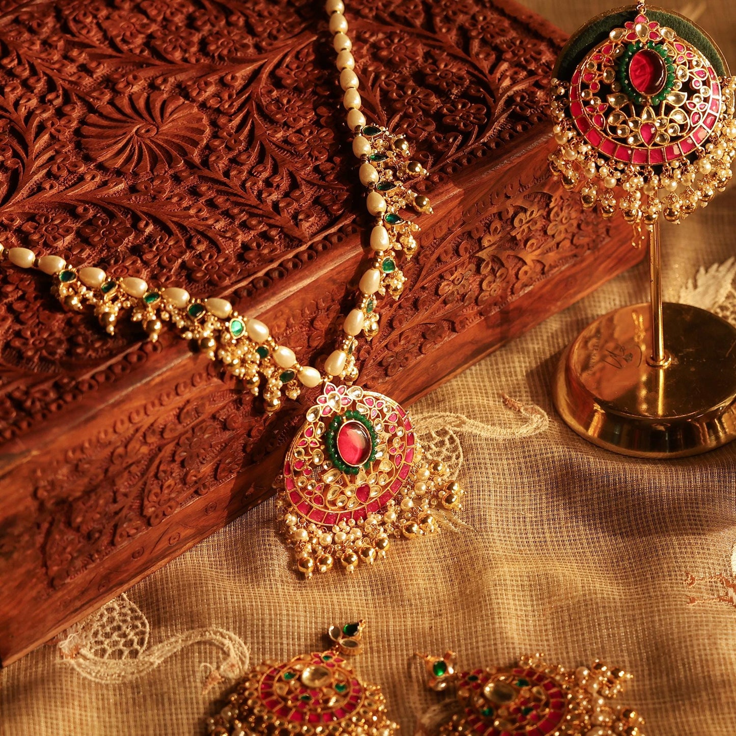 Gold Plated Kundan Pendant Set with Pearl Drop Earrings & Maang Tikka, Indian Wedding Jewelry Set