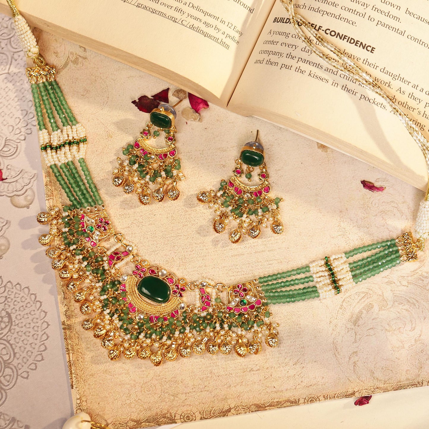 Green Kundan Choker Set Indian Bridal Jewelry Pearl Drop Earrings Jewelry Gift for her