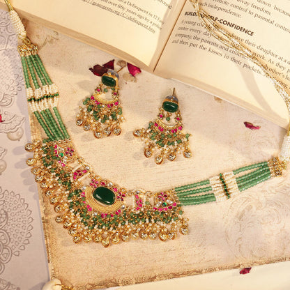 Green Kundan Choker Set Indian Bridal Jewelry Pearl Drop Earrings Jewelry Gift for her