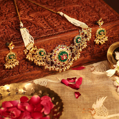 Bridal Choker Necklace Set with Jhumka Earrings, Pearl Multi Strand Indian Wedding Jewelry, Polki Gold Choker, Ethnic Bridal Jewelry Set