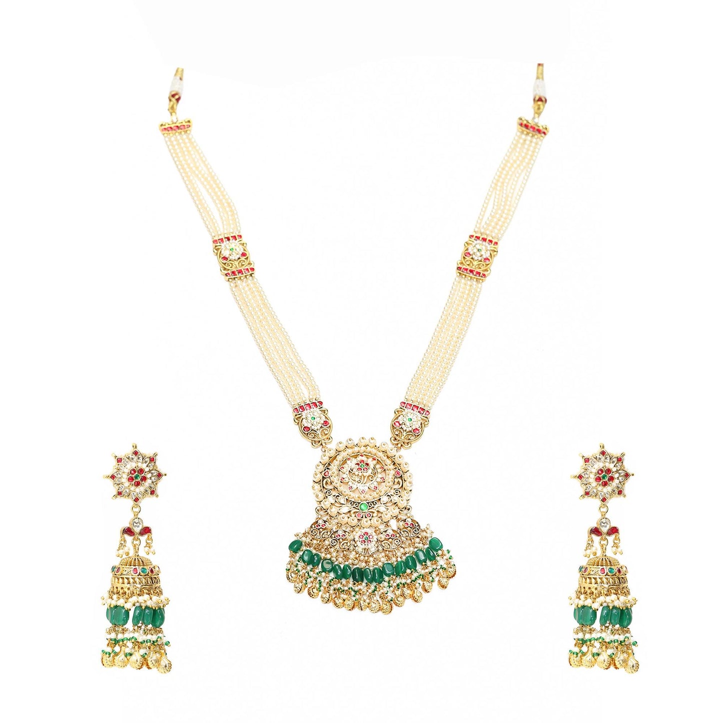 Gold Plated Kundan Pendant Set with Pearl Drop Earrings & Maang Tikka, Indian Wedding Jewelry Set