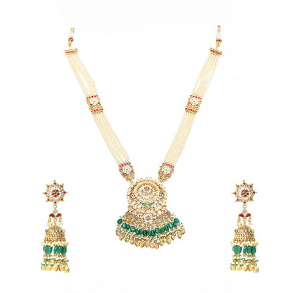 Gold Plated Kundan Pendant Set with Pearl Drop Earrings & Maang Tikka, Indian Wedding Jewelry Set