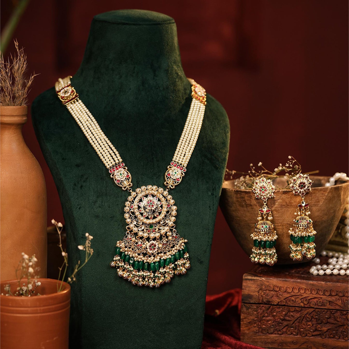 Gold Plated Kundan Pendant Set with Pearl Drop Earrings & Maang Tikka, Indian Wedding Jewelry Set
