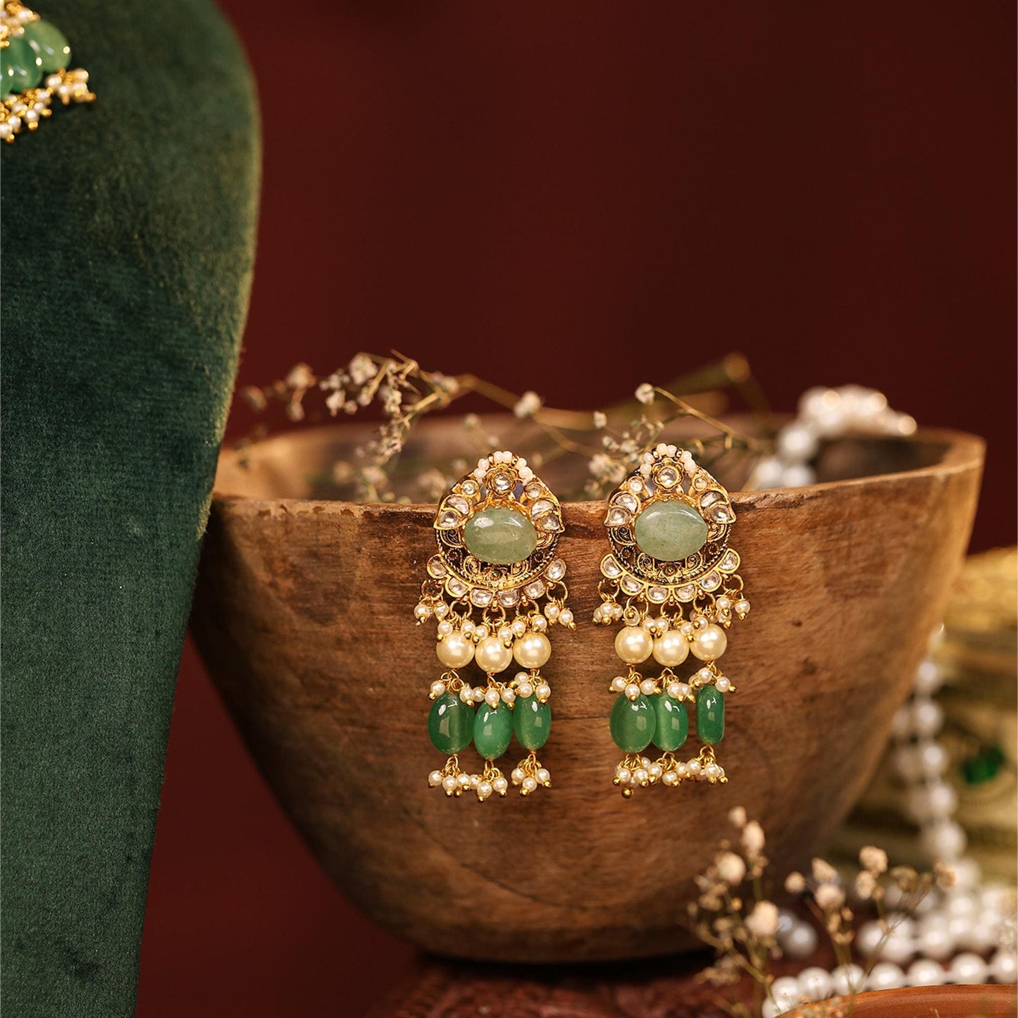 Green Kundan Choker Set with Pearl Drop Earrings, Indian Bridal Jewelry, Gold Plated Wedding Necklace Set