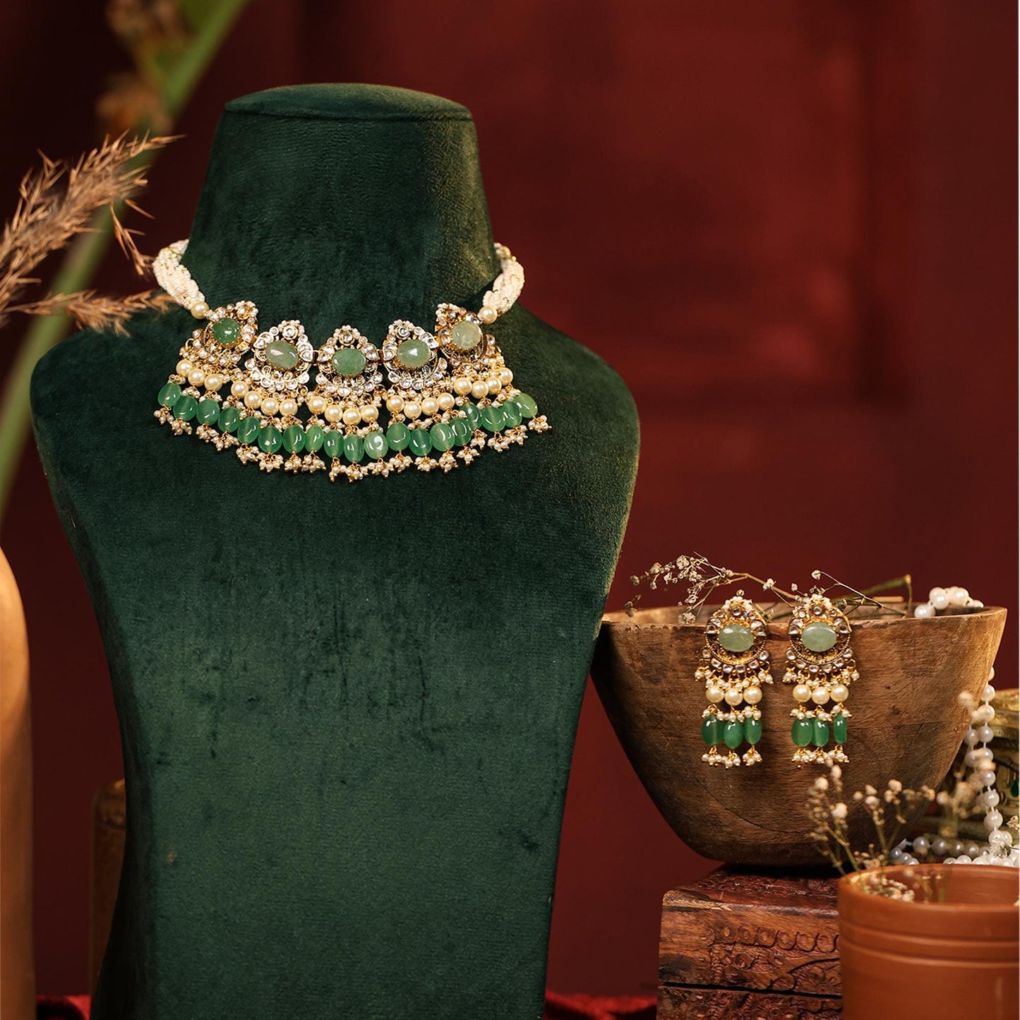 Green Kundan Choker Set with Pearl Drop Earrings, Indian Bridal Jewelry, Gold Plated Wedding Necklace Set