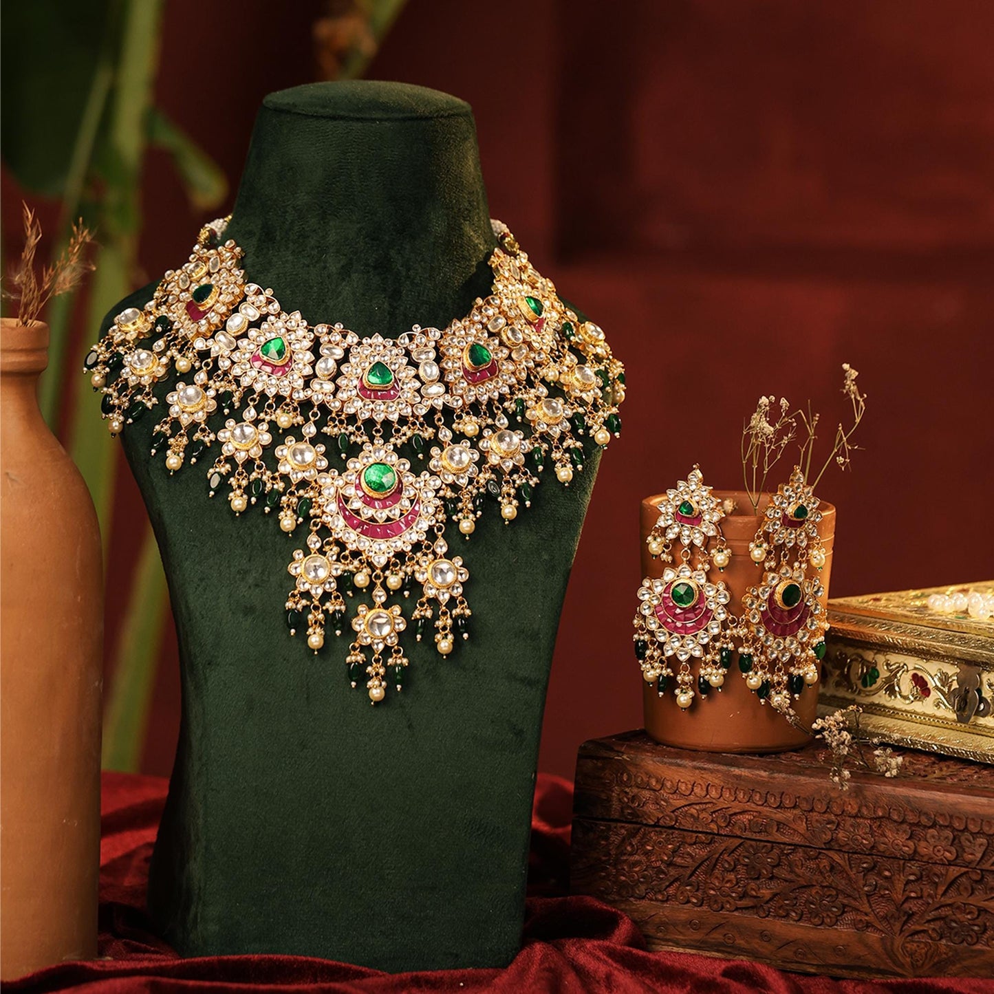 Bridal Kundan Necklace Set, Green Stone Indian Wedding Jewelry, Gold Statement Pink Meenakari Necklace with Earrings Necklace