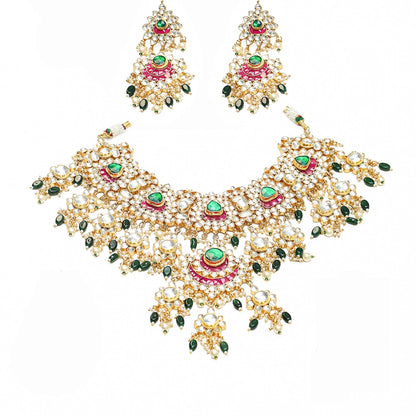 Bridal Kundan Necklace Set, Green Stone Indian Wedding Jewelry, Gold Statement Pink Meenakari Necklace with Earrings Necklace