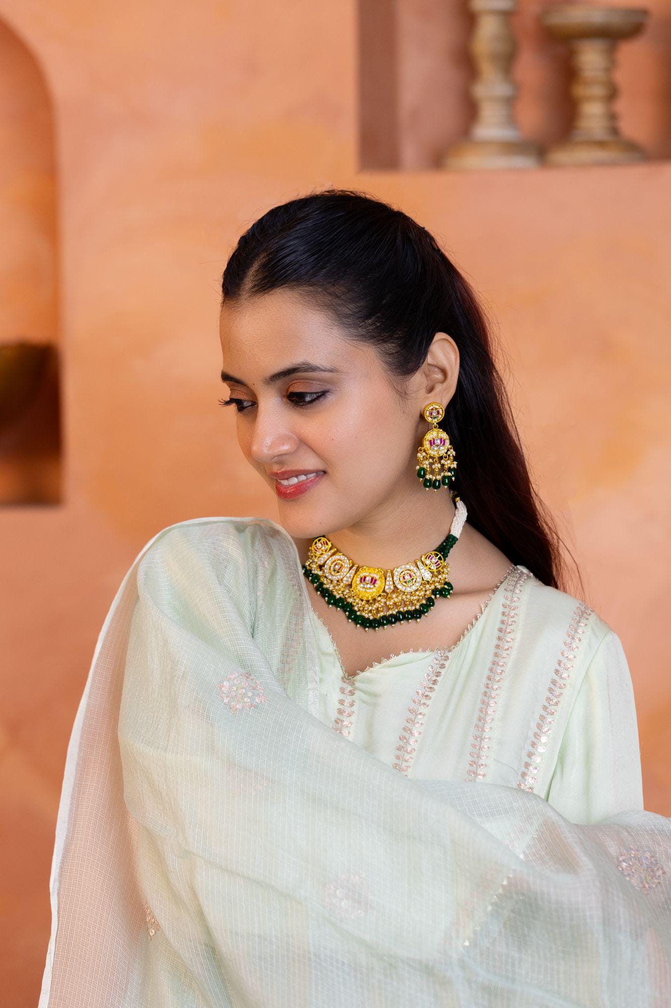 Green Beaded Kundan Choker Necklace Set, Pearl Multi Layer Bridal Jewelry, Indian Wedding Choker, Gold Traditional Necklace with Earrings