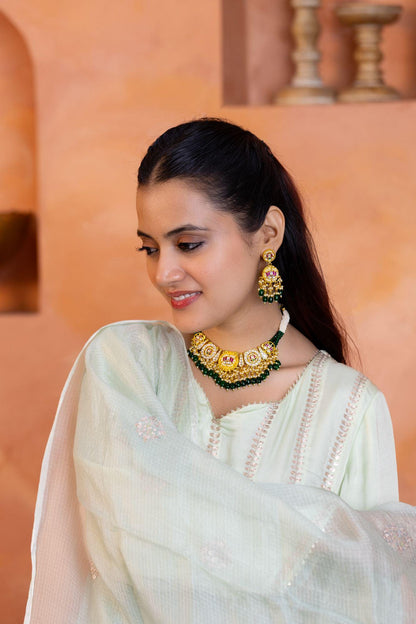 Green Beaded Kundan Choker Necklace Set, Pearl Multi Layer Bridal Jewelry, Indian Wedding Choker, Gold Traditional Necklace with Earrings