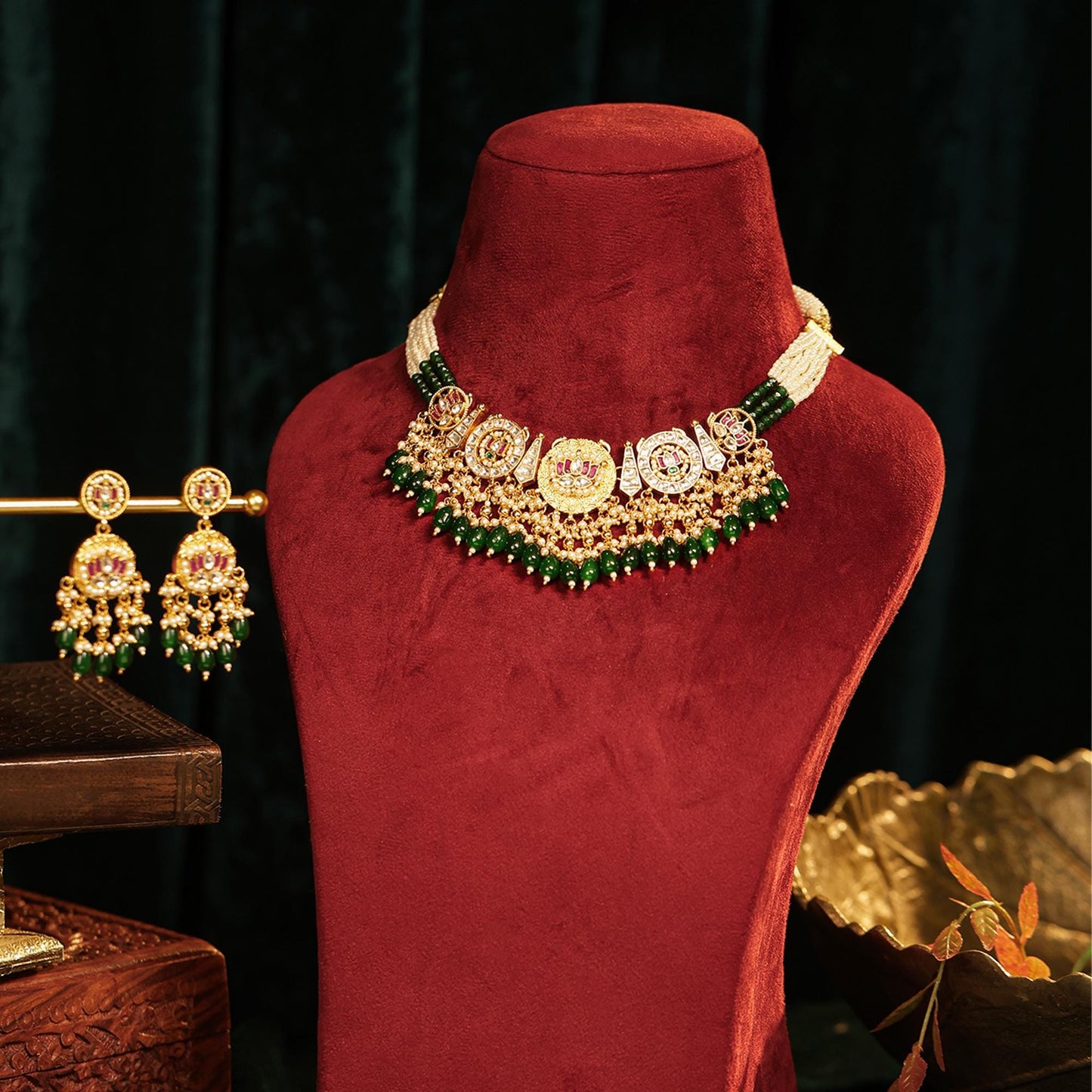Green Beaded Kundan Choker Necklace Set, Pearl Multi Layer Bridal Jewelry, Indian Wedding Choker, Gold Traditional Necklace with Earrings