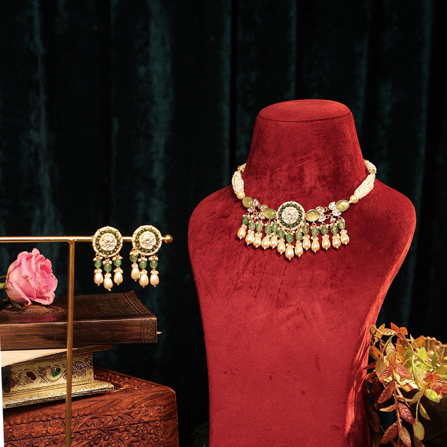 Green Pearl Choker Necklace Set, Polki Kundan Bridal Jewelry, Gold Ethnic Wedding Necklace, Handmade Indian Jewelry Set