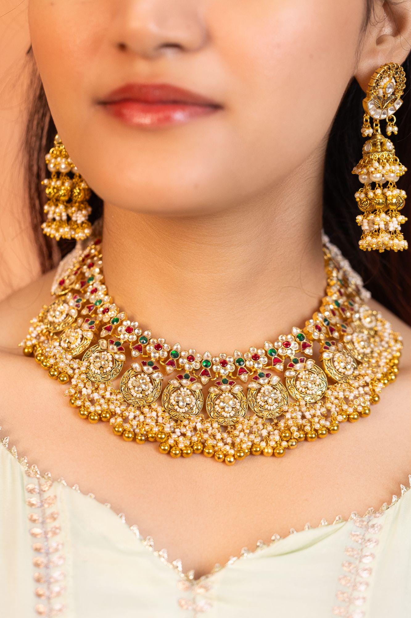 Bridal Kundan Necklace Set with Earrings, Indian Wedding Jewelry, Gold Pearl Choker Set, Traditional Pakistani Bridal Jewelry