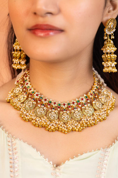 Bridal Kundan Necklace Set with Earrings, Indian Wedding Jewelry, Gold Pearl Choker Set, Traditional Pakistani Bridal Jewelry