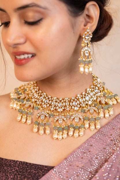 Kundan Bridal Necklace Set with Mint Green Beads, Indian Wedding Jewelry Set, Gold Pearl Choker Necklace, Pakistani Bridal Jewelry
