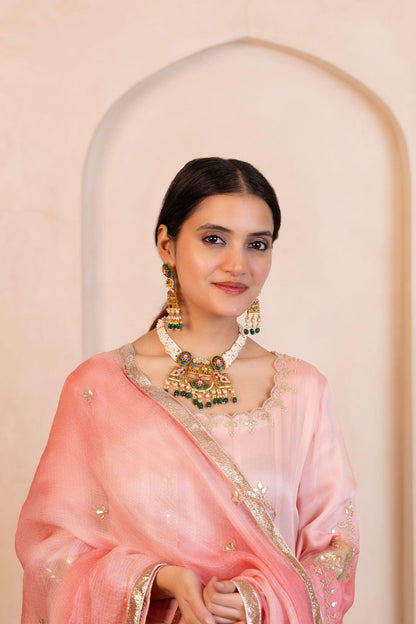 Multi Strand Pearl Choker Necklace Set with Green Kundan Pendant, Indian Bridal Jewelry, Wedding Necklace, Gold Choker with Earrings