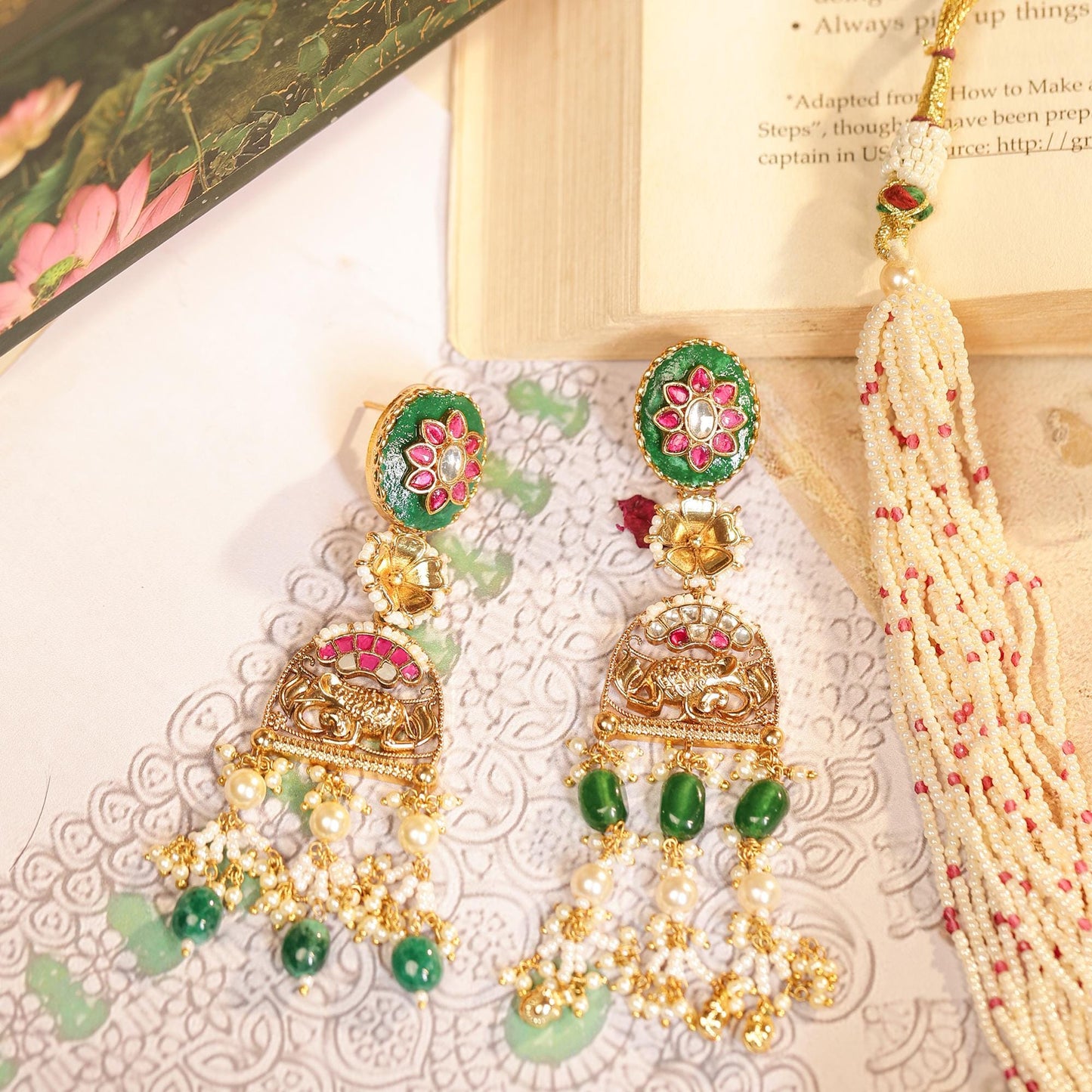 Multi Strand Pearl Choker Necklace Set with Green Kundan Pendant, Indian Bridal Jewelry, Wedding Necklace, Gold Choker with Earrings