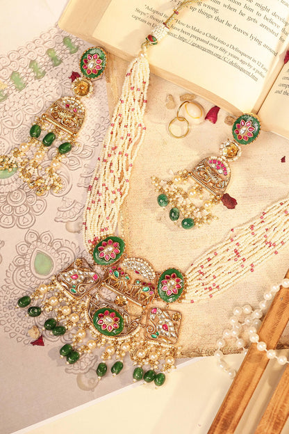 Multi Strand Pearl Choker Necklace Set with Green Kundan Pendant, Indian Bridal Jewelry, Wedding Necklace, Gold Choker with Earrings