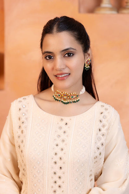 Pearl Polki Beaded Choker Necklace Set, Gold Plated Jewelry, Statement Choker with Earrings, Gift for her