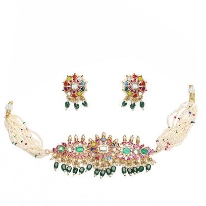 Pearl Polki Beaded Choker Necklace Set, Gold Plated Jewelry, Statement Choker with Earrings, Gift for her