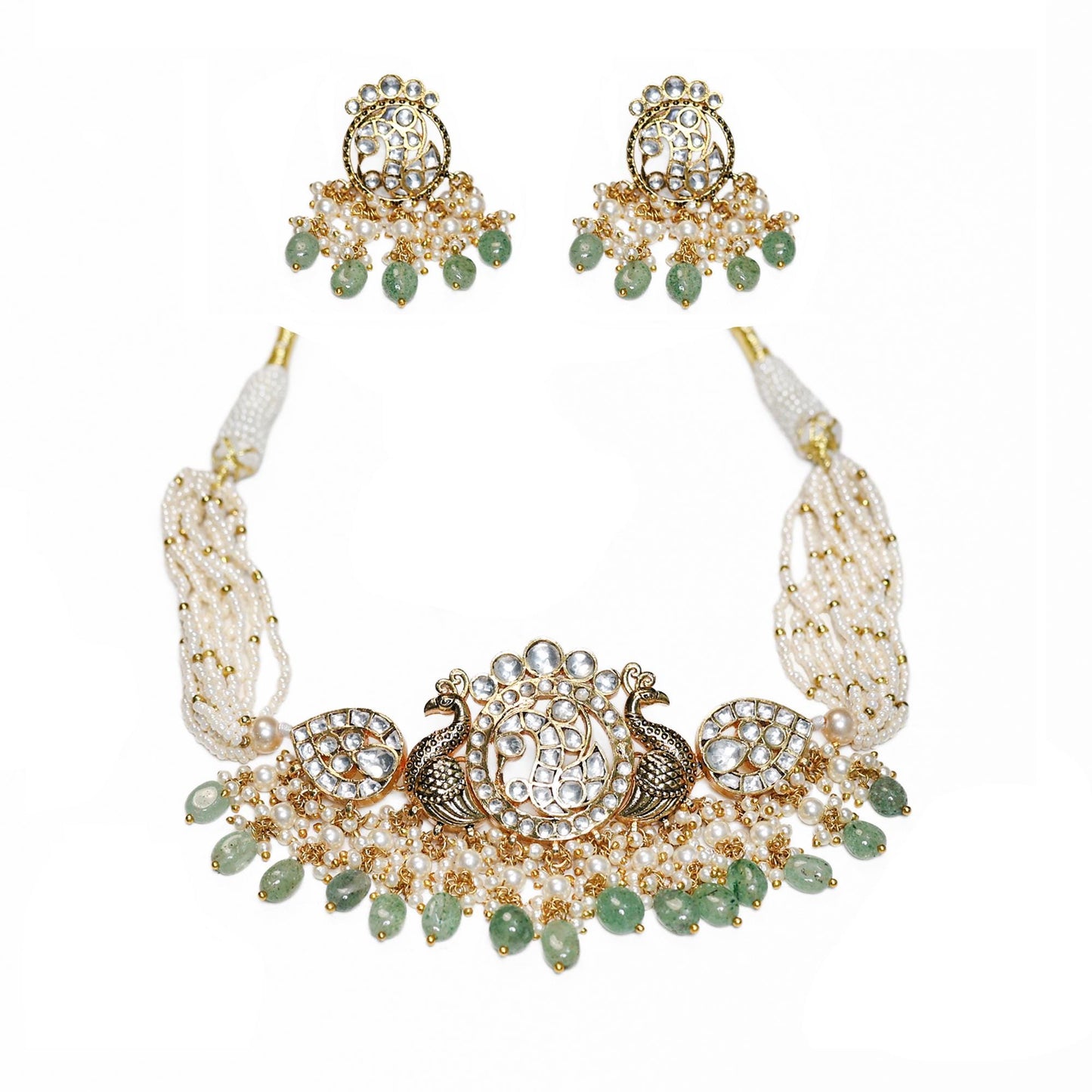 Kundan Choker Necklace Set with Earrings, Peacock Bridal Jewelry, Pearl Multi Strand Choker, Wedding Jewelry, Ethnic Necklace Jewelry