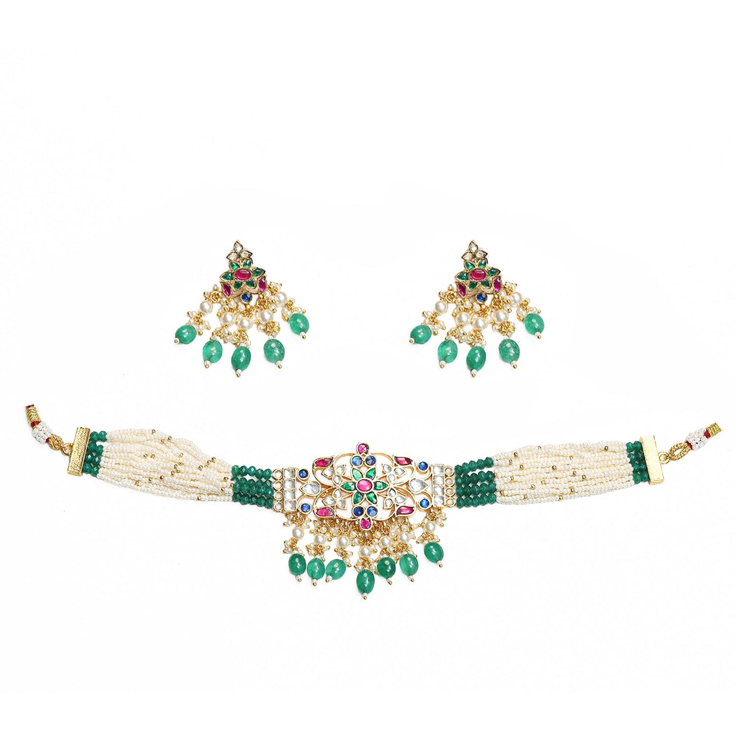 Gold Plated Kundan Choker Set, Green Bead Bridal Necklace, Handmade Indian Wedding Jewelry