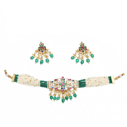 Gold Plated Kundan Choker Set, Green Bead Bridal Necklace, Handmade Indian Wedding Jewelry
