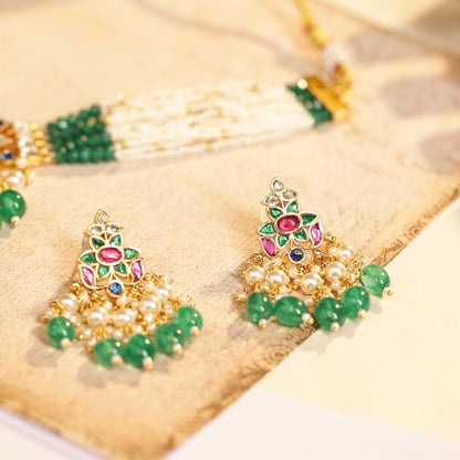 Gold Plated Kundan Choker Set, Green Bead Bridal Necklace, Handmade Indian Wedding Jewelry