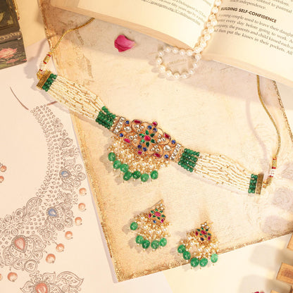 Gold Plated Kundan Choker Set, Green Bead Bridal Necklace, Handmade Indian Wedding Jewelry