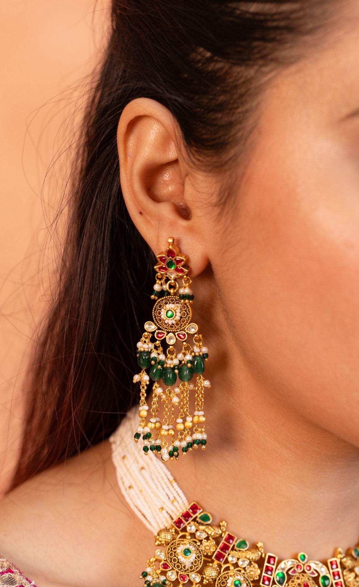 Kundan Pearl Choker Necklace Set with Green Beads  Gold Polki Bridal Jewelry Set with Earrings, Wedding Choker, Traditional Ethnic Jewelry