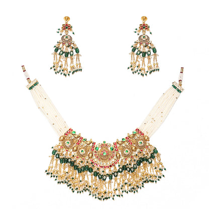 Kundan Pearl Choker Necklace Set with Green Beads  Gold Polki Bridal Jewelry Set with Earrings, Wedding Choker, Traditional Ethnic Jewelry