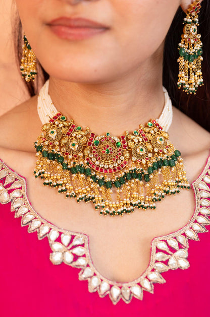 Kundan Pearl Choker Necklace Set with Green Beads  Gold Polki Bridal Jewelry Set with Earrings, Wedding Choker, Traditional Ethnic Jewelry