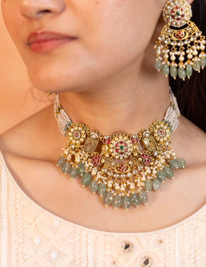 Pearl Kundan Stone Choker Necklace Earrings Set with Pearl Beads, Indian Handmade Bridal Jewelry