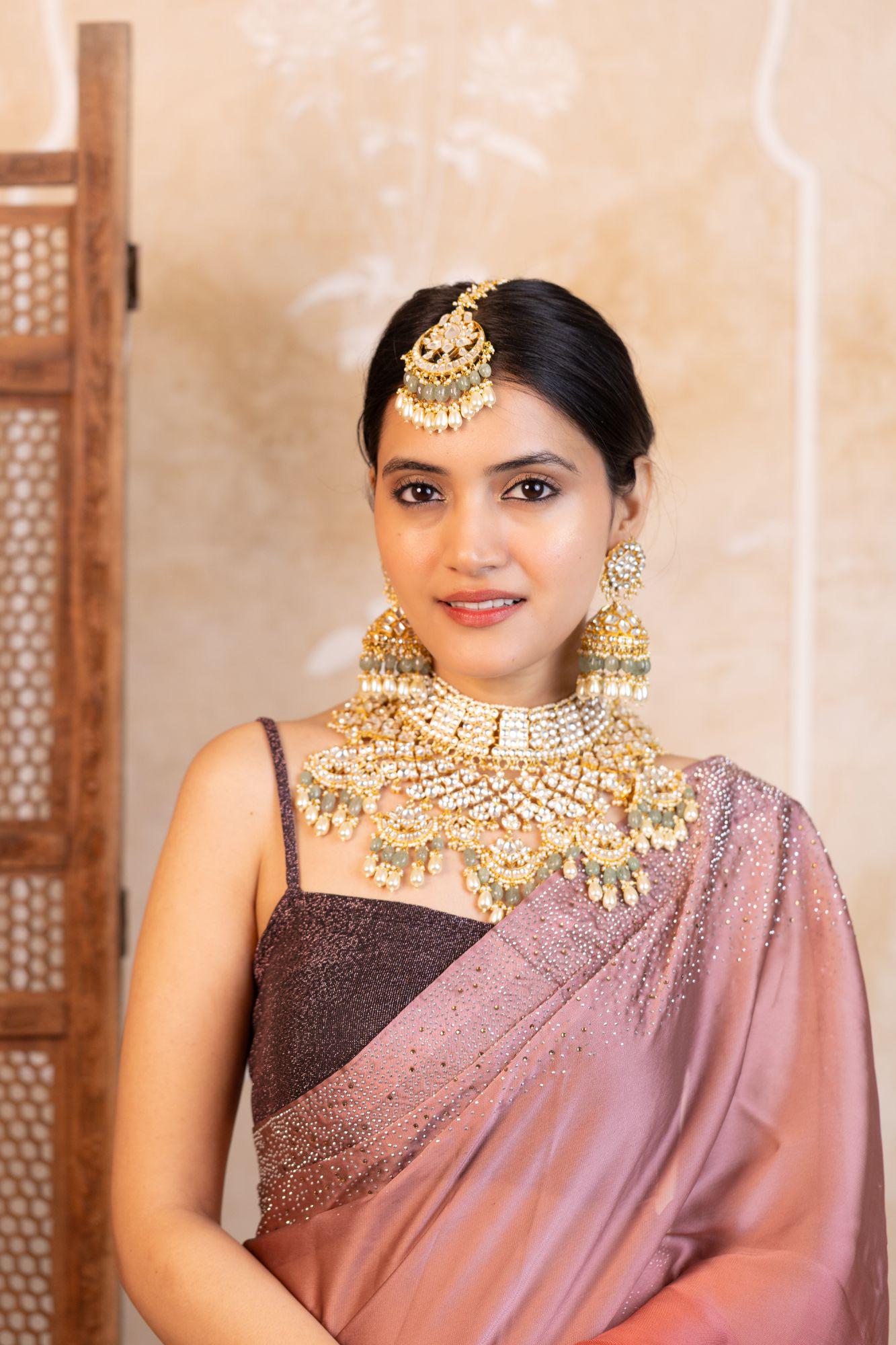 Kundan Bridal Necklace Set with Mint Green Beads, Indian Wedding Jewelry Set, Gold Pearl Choker Necklace, Pakistani Bridal Jewelry