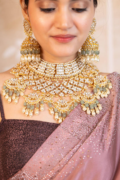 Kundan Bridal Necklace Set with Mint Green Beads, Indian Wedding Jewelry Set, Gold Pearl Choker Necklace, Pakistani Bridal Jewelry