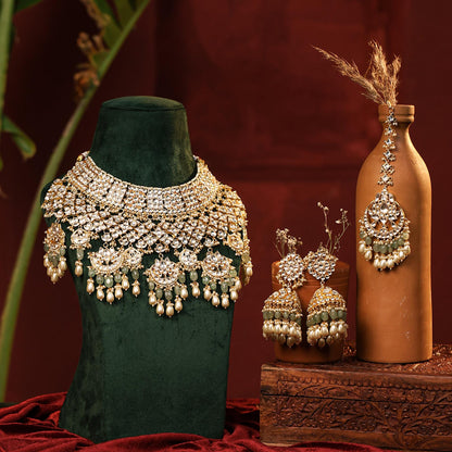 Kundan Bridal Necklace Set with Mint Green Beads, Indian Wedding Jewelry Set, Gold Pearl Choker Necklace, Pakistani Bridal Jewelry