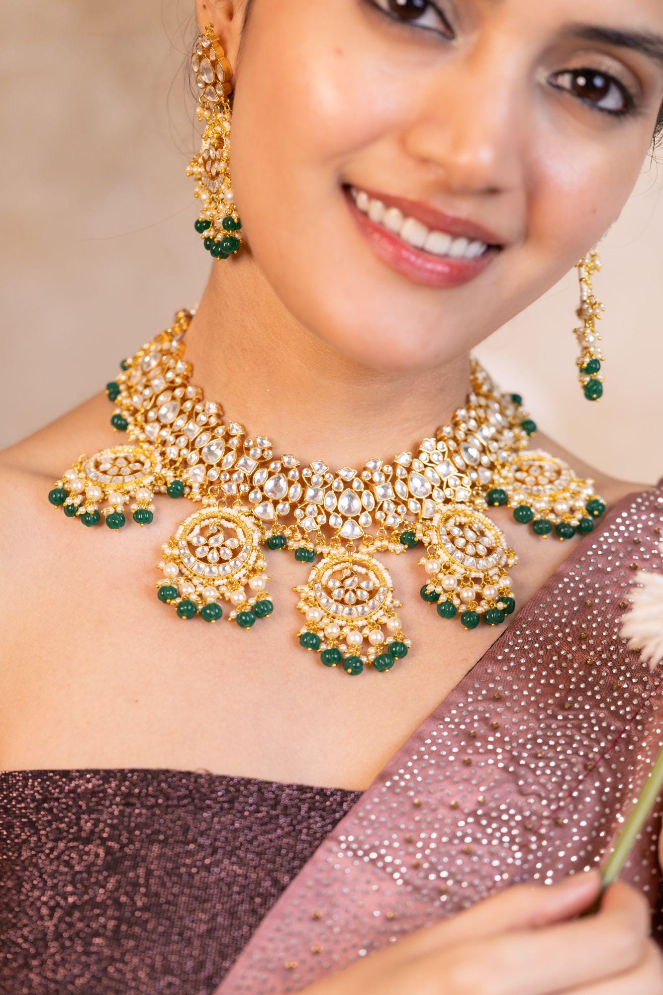 Kundan Polki Choker Green Beads Necklace Set: Indian Wedding Jewelry, 18k Gold Plated Bridal Jewelry Gift for her