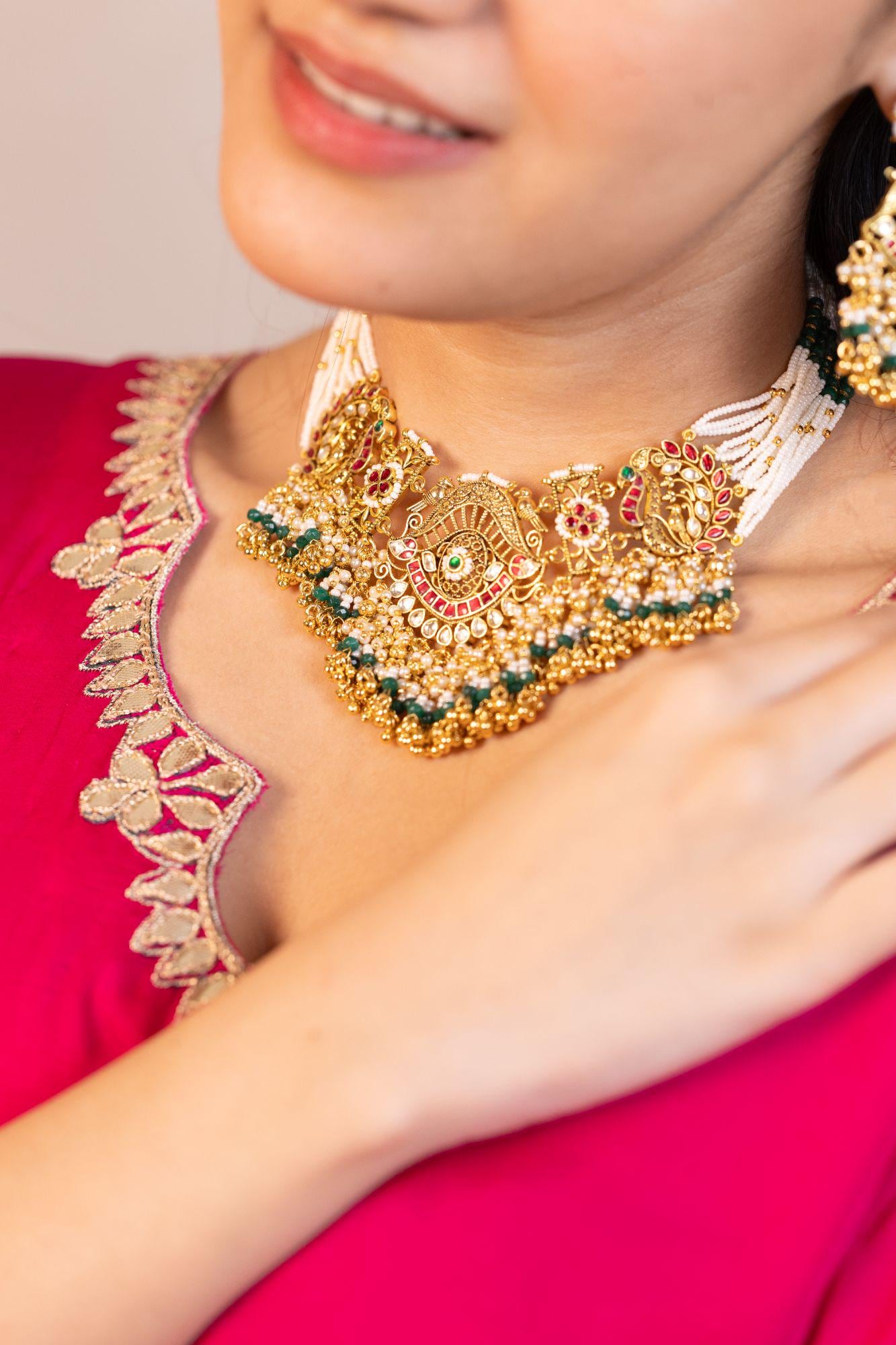 Handmade Choker Necklace Set with Green Beads  Gold Polki Bridal Jewelry Set with Earrings, Wedding Choker, Traditional Ethnic Jewelry