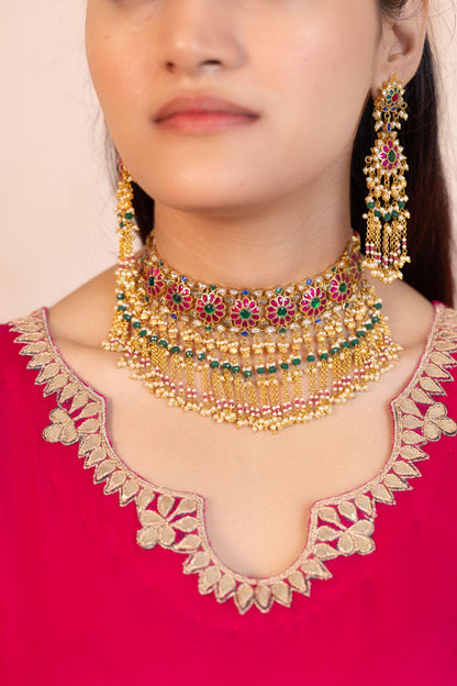 Gold Plated Pink Kundan & Pearl Choker Set Necklace Traditional Indian Wedding Jewelry