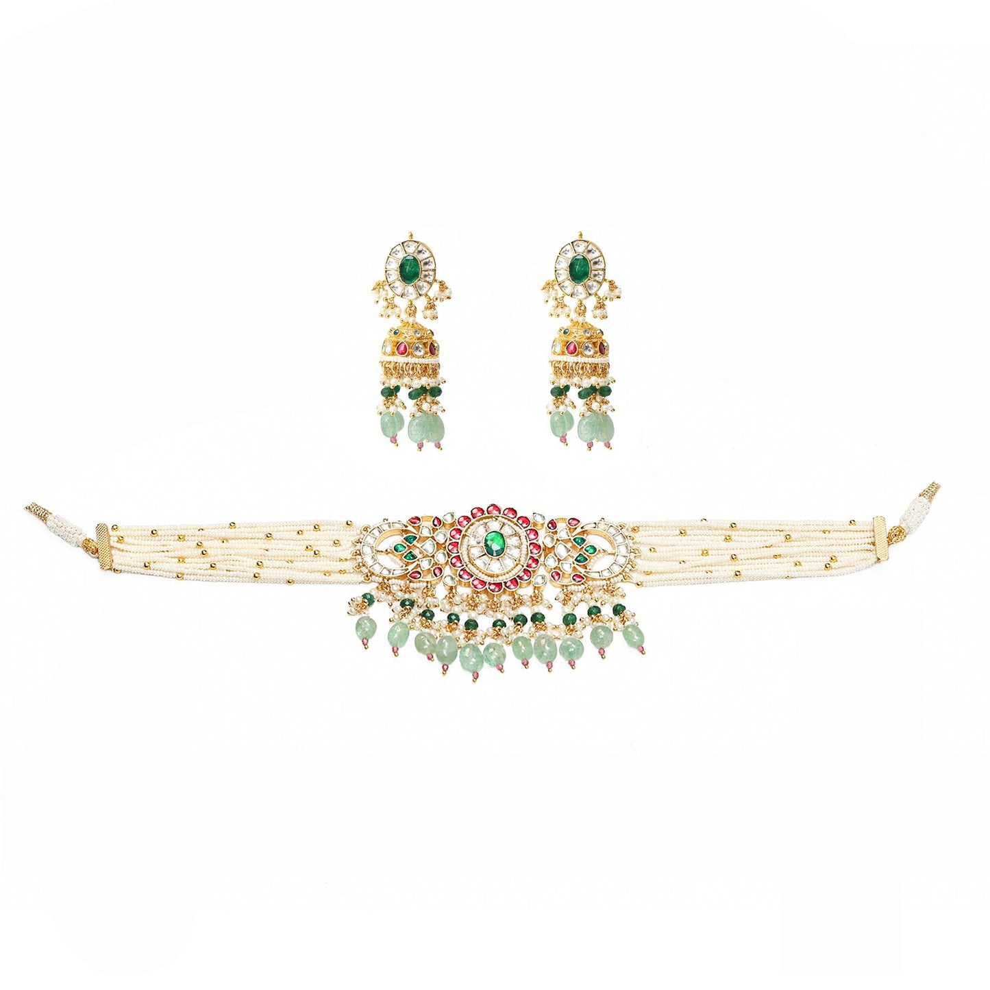 Kundan Pearl Choker Set with Beads  Gold Polki Bridal Necklace & Earrings, Indian Wedding Jewelry, Traditional Ethnic Choker Necklace