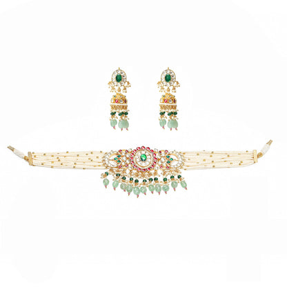 Kundan Pearl Choker Set with Beads  Gold Polki Bridal Necklace & Earrings, Indian Wedding Jewelry, Traditional Ethnic Choker Necklace