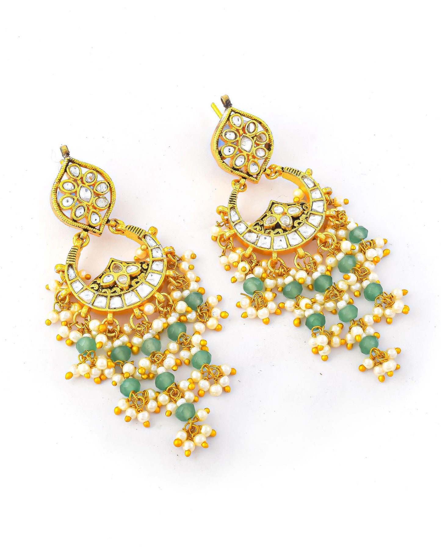 Kundan Chandbali Earrings, Pearl Drop Indian Earrings, Green Beaded Bridal Earrings, Gold Plated Ethnic Jewelry, Traditional Wedding Earring