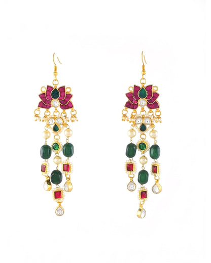 Handmade Elegant Lotus Design Kundan Dangle Earrings with Pearl & Green Bead Accents Jewelry