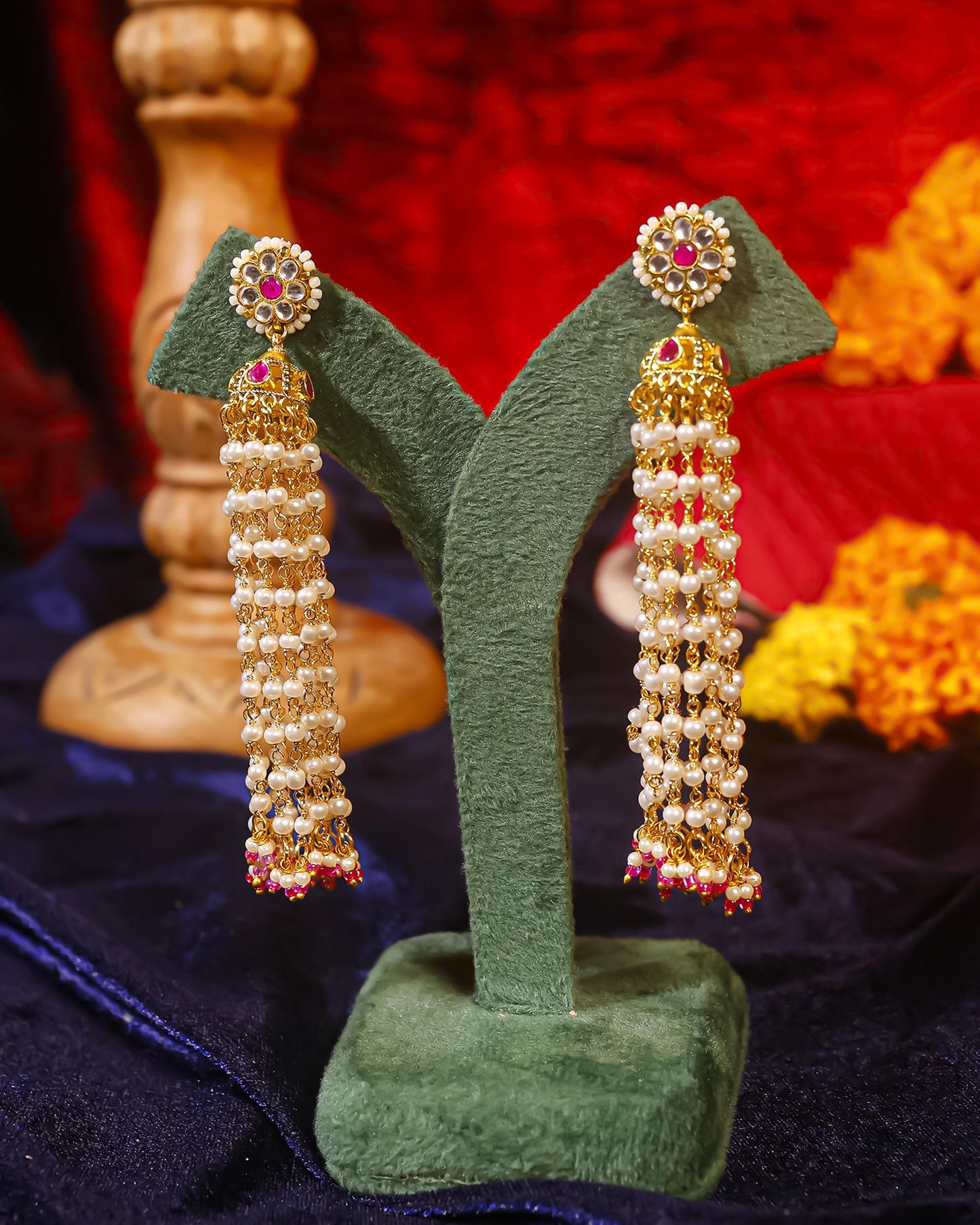 Traditional Kundan Pearl Tassel Earrings with Pink Bead, Indian Bridal Earrings, Ethnic Wedding Jewelry, Statement Pearl Danglers