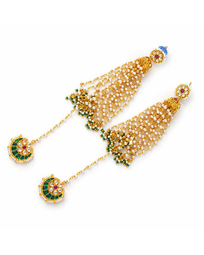 Traditional Kundan Jhumka Earrings with Pearl Tassels & Green Stone Chand Drop Earrings Jewelry for Her