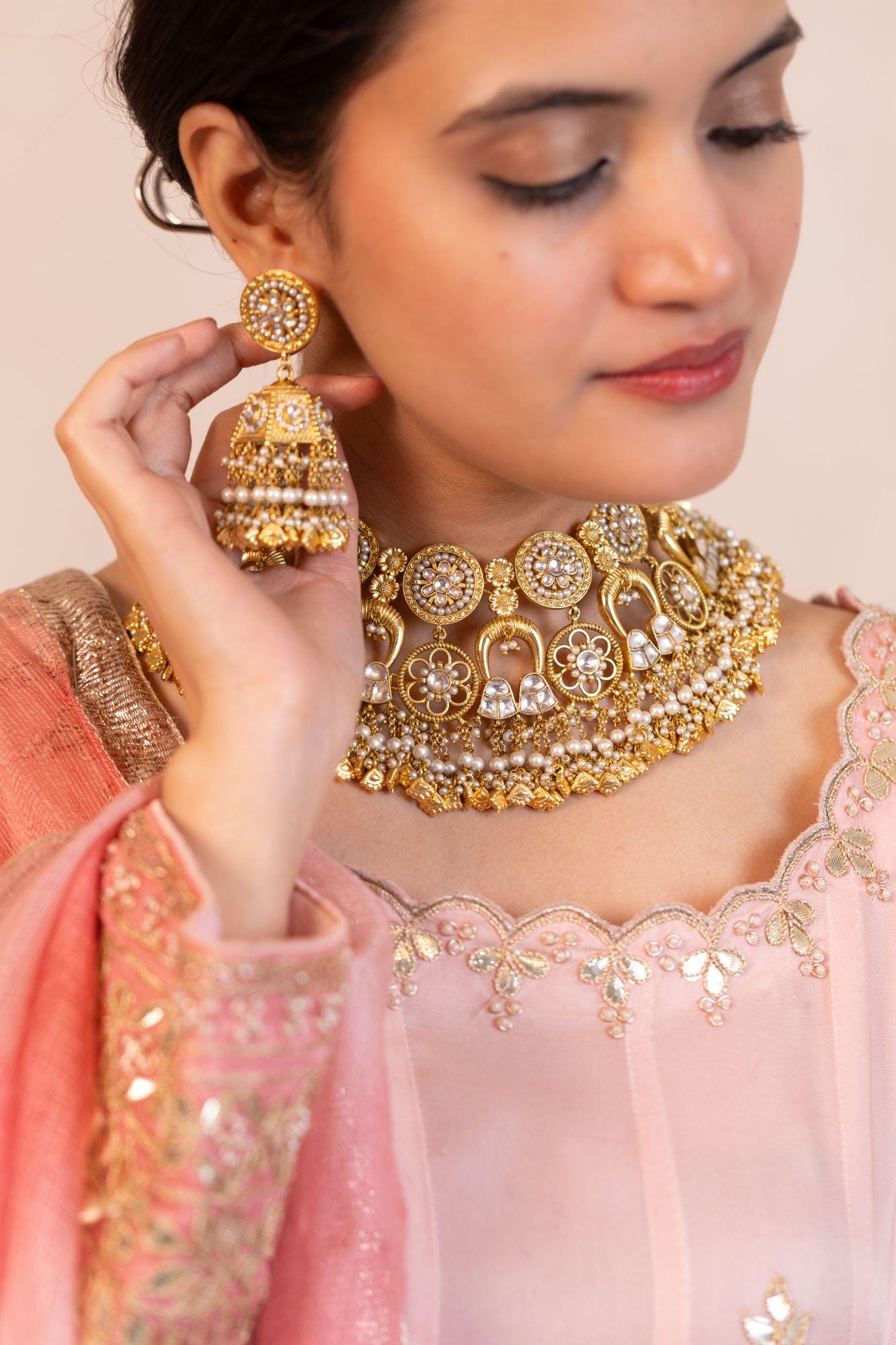 Gold Kundan Bridal Necklace Set with Pearl Jhumka Earrings, Traditional Indian Wedding Jewelry, Statement Choker Set