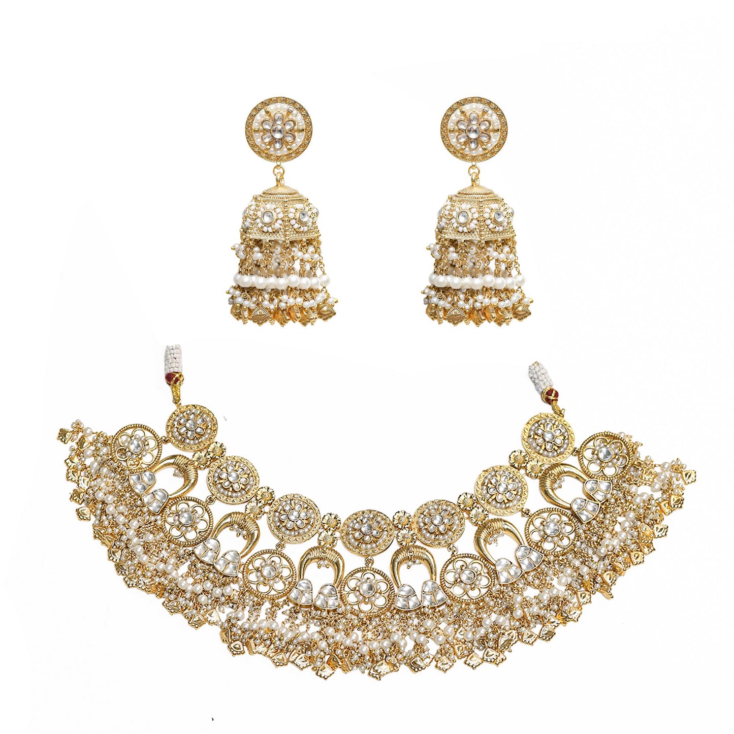 Gold Kundan Bridal Necklace Set with Pearl Jhumka Earrings, Traditional Indian Wedding Jewelry, Statement Choker Set