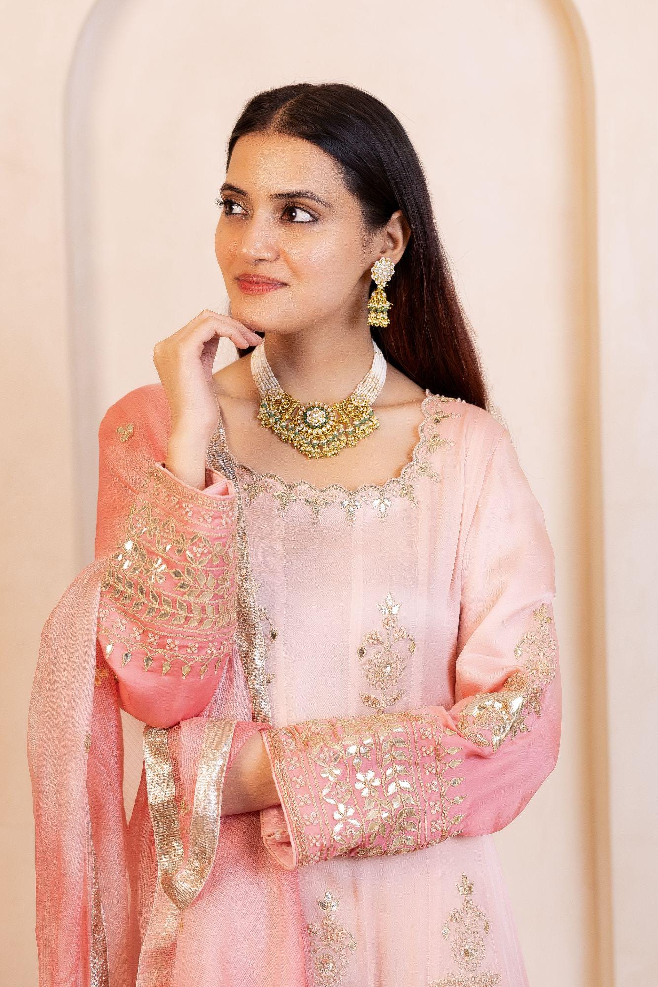Green Kundan Choker Necklace Set with Pearl Strands, Indian Wedding Jewelry, Statement Choker with Jhumka Earrings, Gold Bridal Set